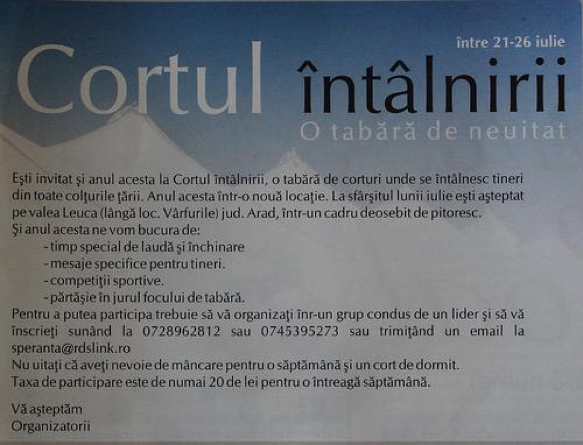 Tabăra Cortul Întâlnirii, vf. Leuca, jud. Arad. Perioada: 21-26 iulie.